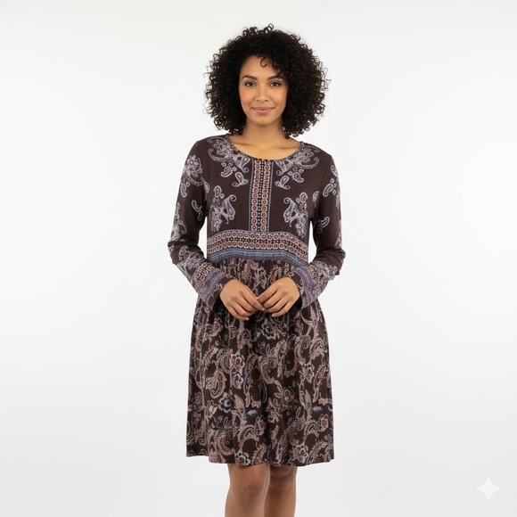 Knox Rose Dresses & Skirts - Knox Rose XL Boho Paisley Print Long Sleeve Shift Dress Brown Blue